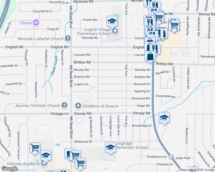 map of restaurants, bars, coffee shops, grocery stores, and more near 230 Bancroft Drive in Rochester