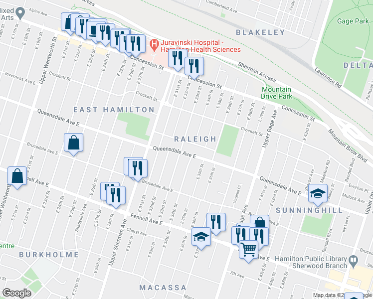 map of restaurants, bars, coffee shops, grocery stores, and more near 52 Munn Street in Hamilton