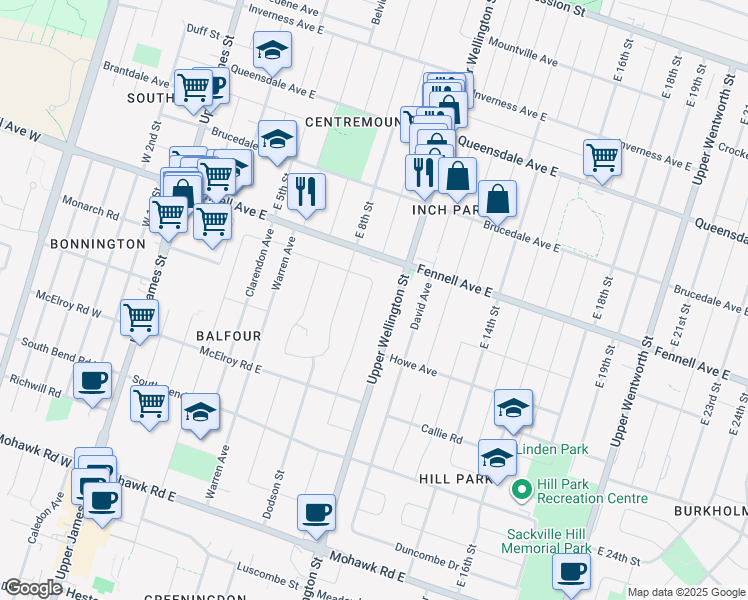 map of restaurants, bars, coffee shops, grocery stores, and more near in Hamilton