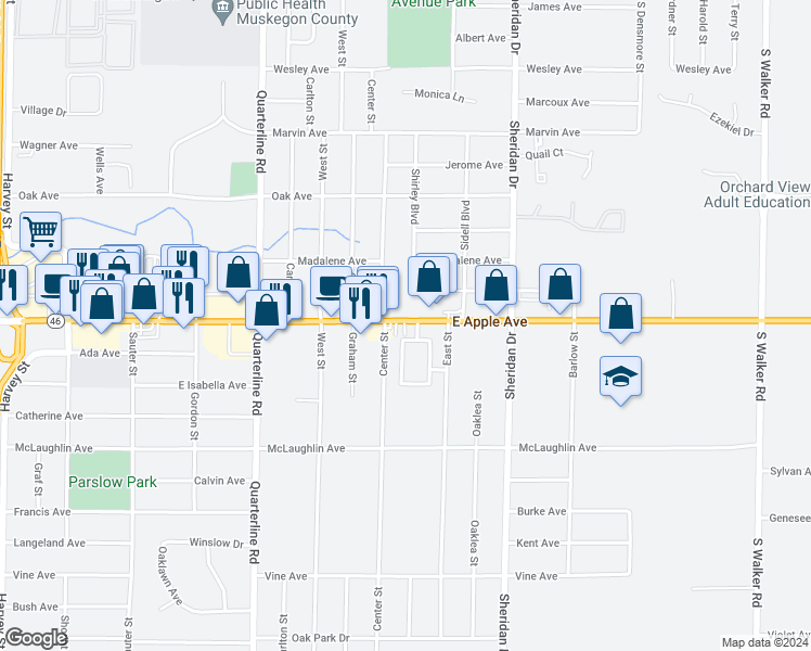 map of restaurants, bars, coffee shops, grocery stores, and more near 2212 Apple Avenue in Muskegon