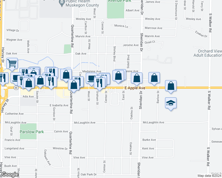 map of restaurants, bars, coffee shops, grocery stores, and more near 2212 Apple Avenue in Muskegon