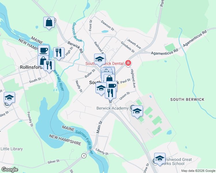 map of restaurants, bars, coffee shops, grocery stores, and more near 253 Main St in South Berwick