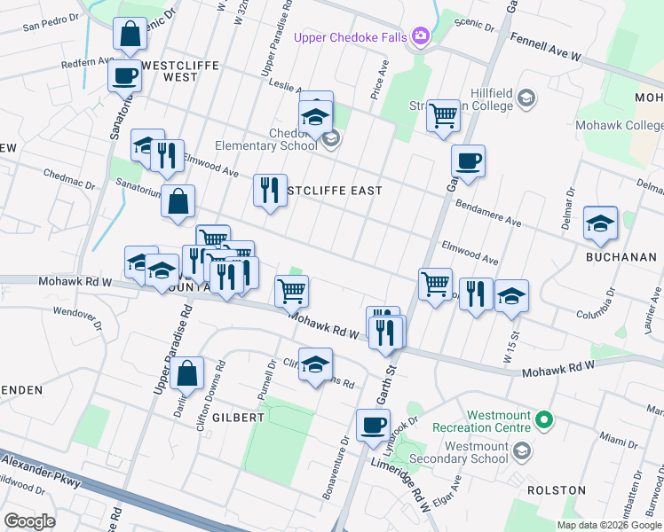 map of restaurants, bars, coffee shops, grocery stores, and more near in Hamilton