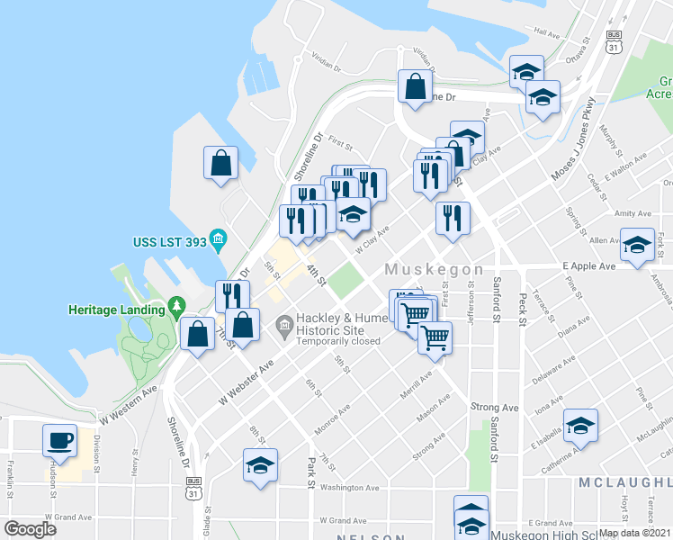 map of restaurants, bars, coffee shops, grocery stores, and more near 366 West Clay Avenue in Muskegon