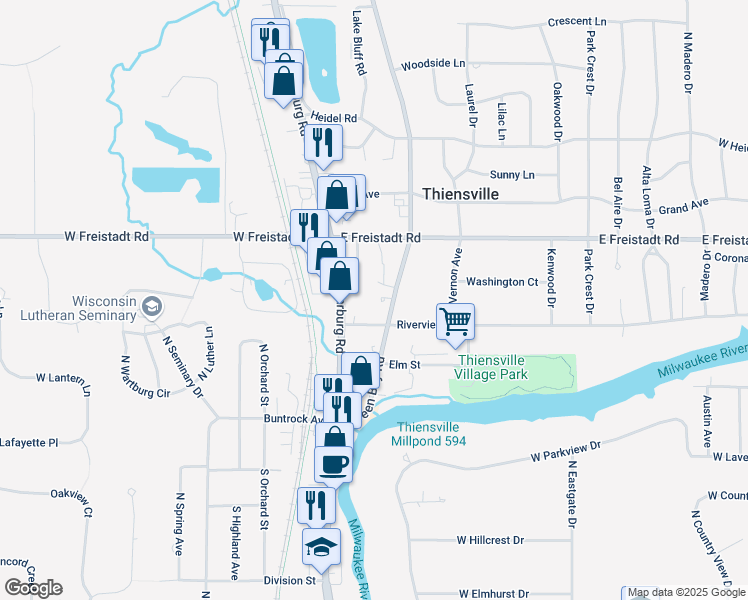 map of restaurants, bars, coffee shops, grocery stores, and more near 203 Green Bay Road in Thiensville