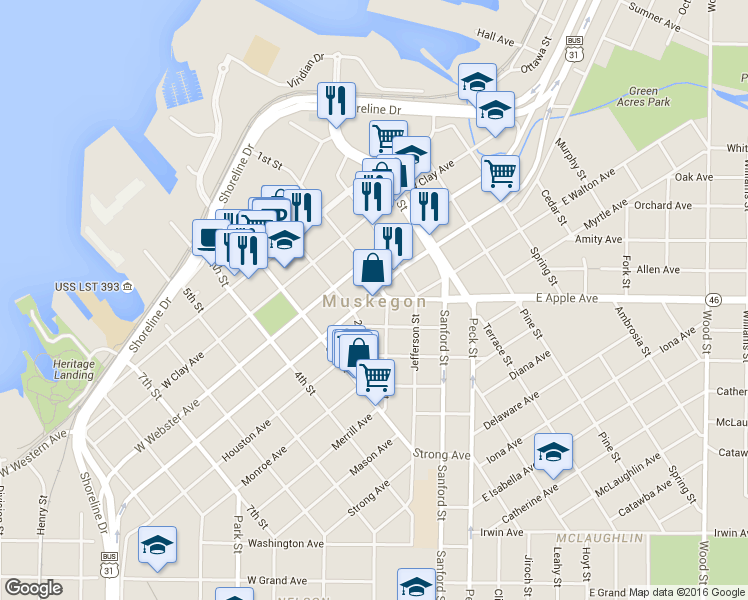 map of restaurants, bars, coffee shops, grocery stores, and more near  in Muskegon