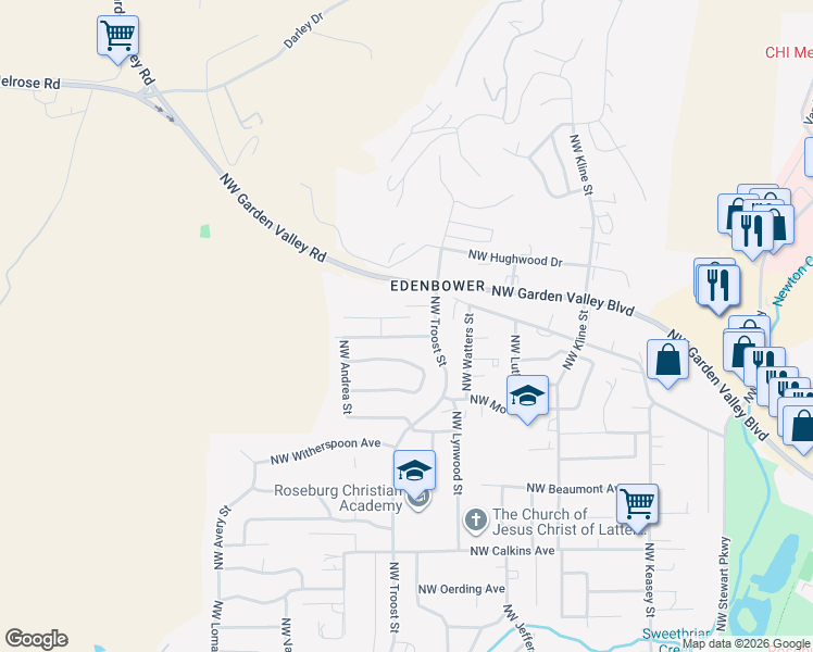 map of restaurants, bars, coffee shops, grocery stores, and more near 2280 Northwest Cabrillo Court in Roseburg