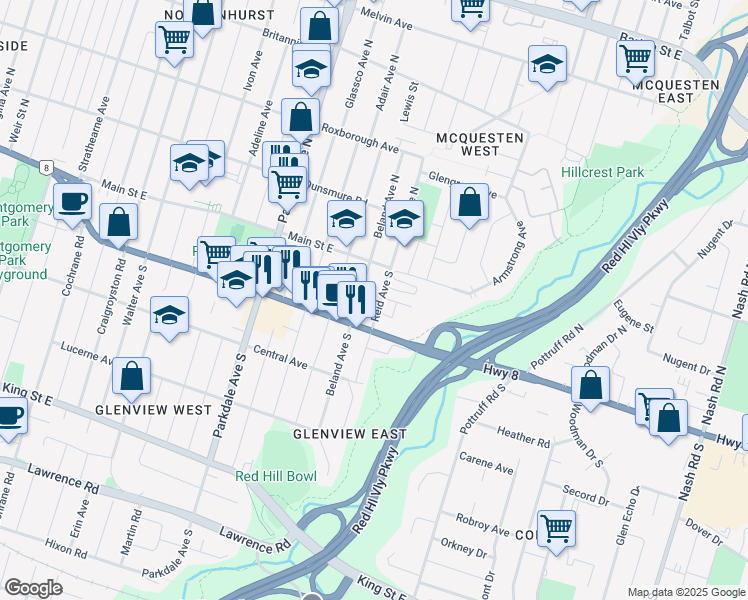 map of restaurants, bars, coffee shops, grocery stores, and more near 25 Beland Avenue South in Hamilton