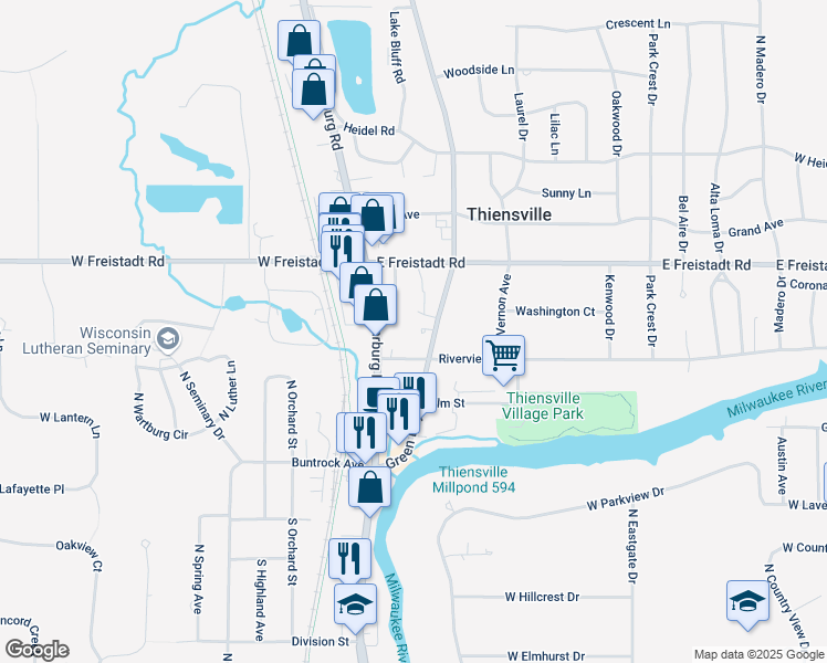 map of restaurants, bars, coffee shops, grocery stores, and more near 203 Green Bay Road in Thiensville