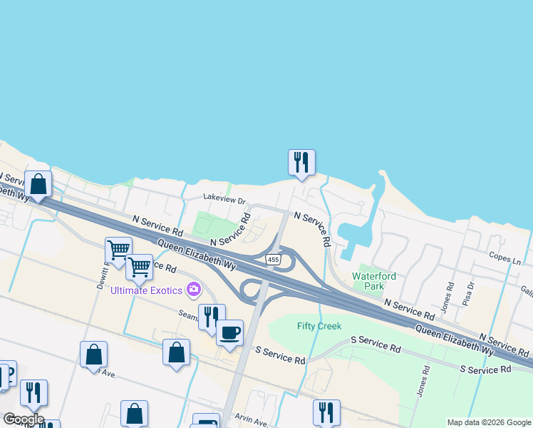 map of restaurants, bars, coffee shops, grocery stores, and more near 600 North Service Road in Hamilton