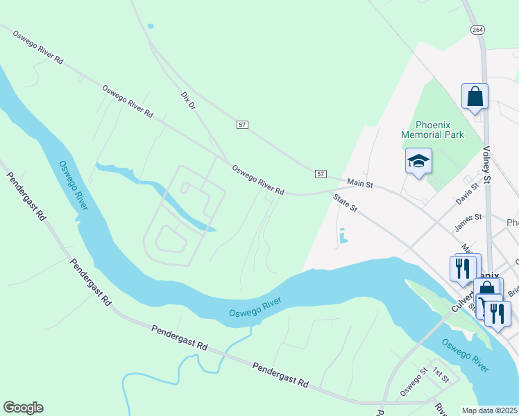 map of restaurants, bars, coffee shops, grocery stores, and more near 57 Oswego River Road in Phoenix