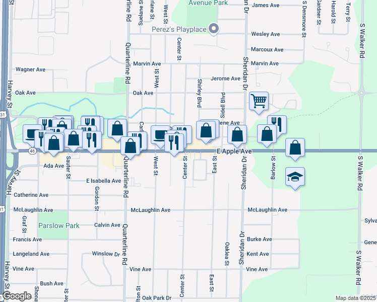 map of restaurants, bars, coffee shops, grocery stores, and more near 2212 East Apple Avenue in Muskegon
