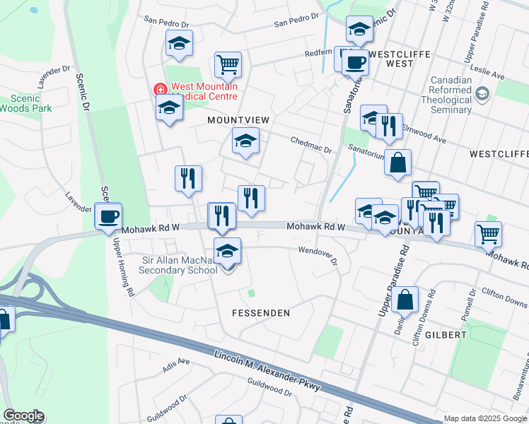 map of restaurants, bars, coffee shops, grocery stores, and more near 760 Mohawk Road West in Hamilton