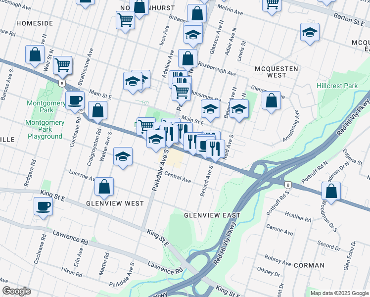 map of restaurants, bars, coffee shops, grocery stores, and more near 293 Queenston Road in Hamilton