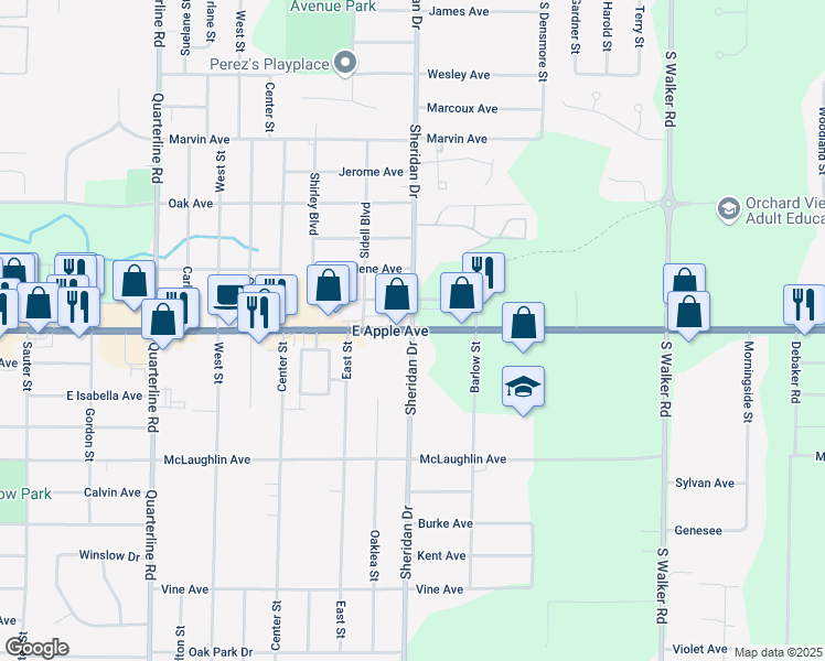 map of restaurants, bars, coffee shops, grocery stores, and more near Apple Ave & S Sheridan Rd in Muskegon Township