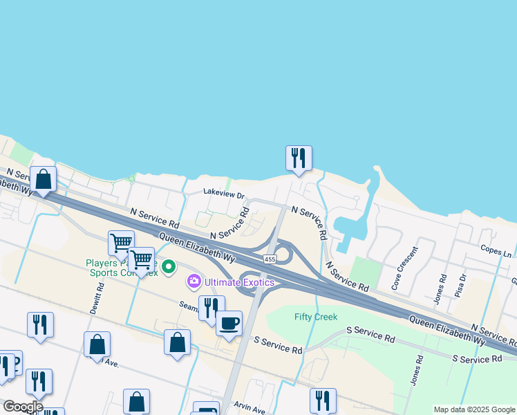 map of restaurants, bars, coffee shops, grocery stores, and more near 600 North Service Road in Hamilton