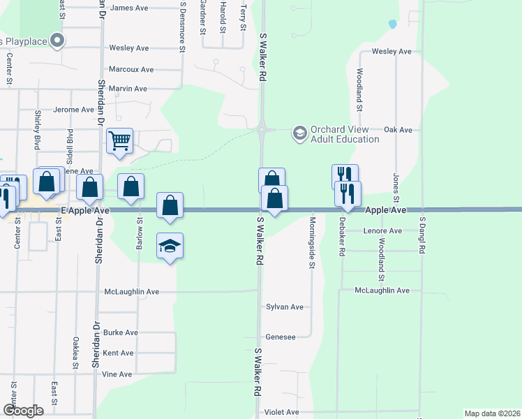 map of restaurants, bars, coffee shops, grocery stores, and more near Apple Ave & S Walker Rd in Muskegon Township