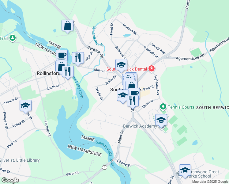 map of restaurants, bars, coffee shops, grocery stores, and more near 27 Young Street in South Berwick