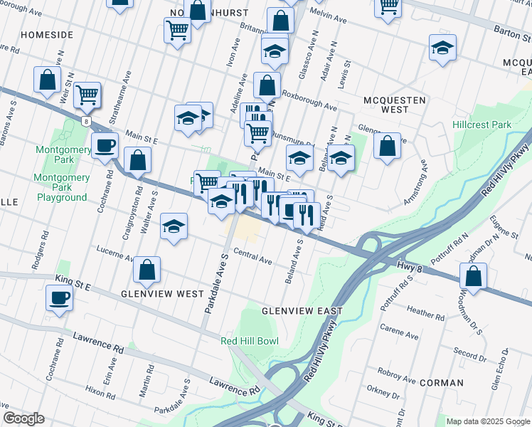 map of restaurants, bars, coffee shops, grocery stores, and more near in Hamilton