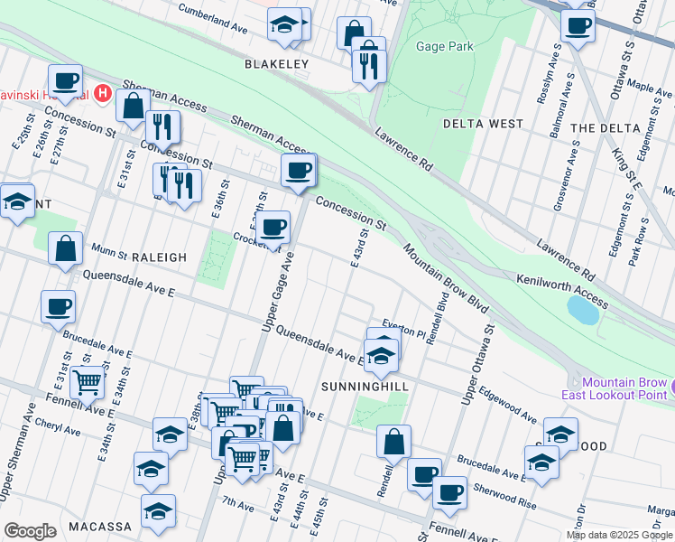 map of restaurants, bars, coffee shops, grocery stores, and more near 52 East 42nd Street in Hamilton