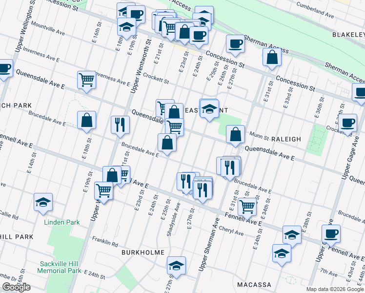 map of restaurants, bars, coffee shops, grocery stores, and more near 187 East 25th Street in Hamilton