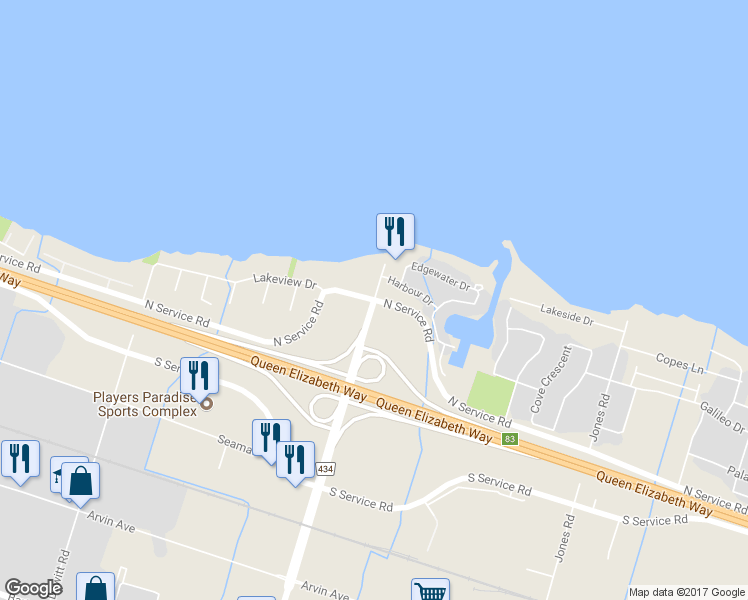 map of restaurants, bars, coffee shops, grocery stores, and more near 97 Lakeview Drive in Hamilton