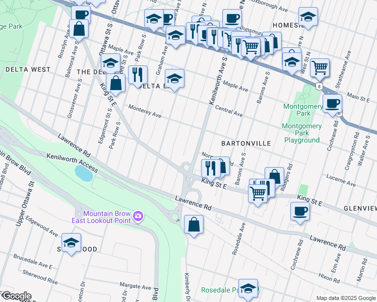 map of restaurants, bars, coffee shops, grocery stores, and more near 199 Tuxedo Avenue South in Hamilton