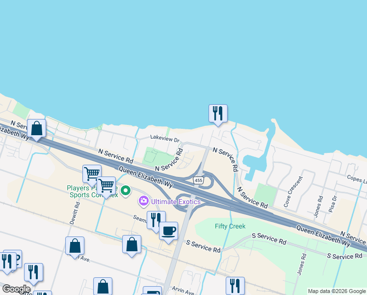 map of restaurants, bars, coffee shops, grocery stores, and more near 600 North Service Road in Hamilton