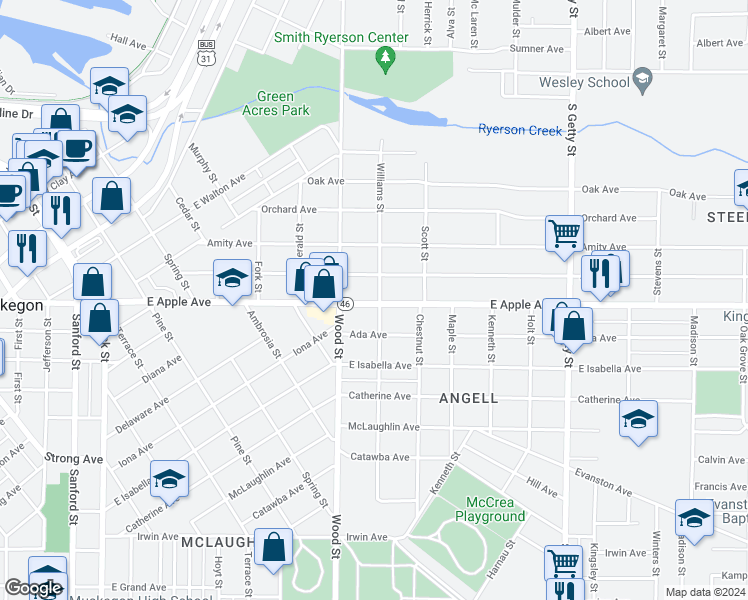 map of restaurants, bars, coffee shops, grocery stores, and more near 458 East Apple Avenue in Muskegon