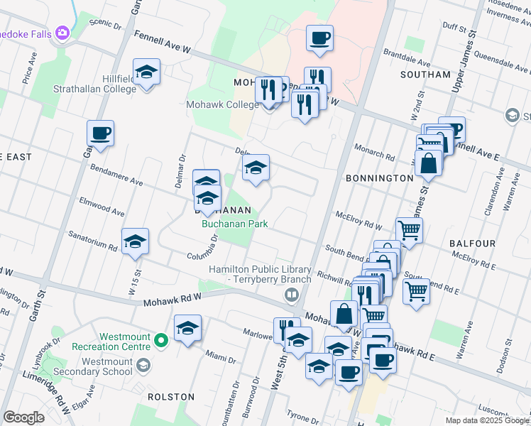 map of restaurants, bars, coffee shops, grocery stores, and more near 53 Laurier Avenue in Hamilton