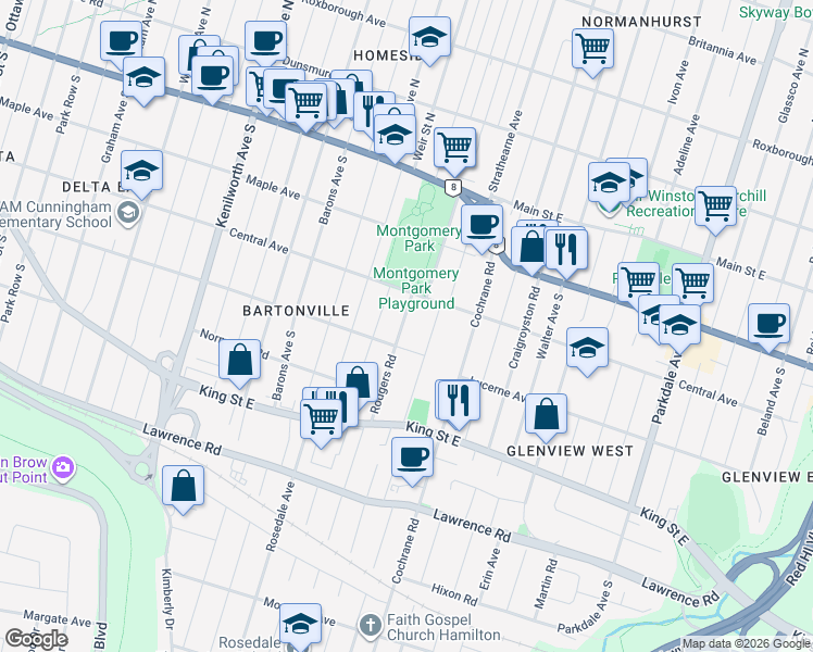 map of restaurants, bars, coffee shops, grocery stores, and more near in Hamilton