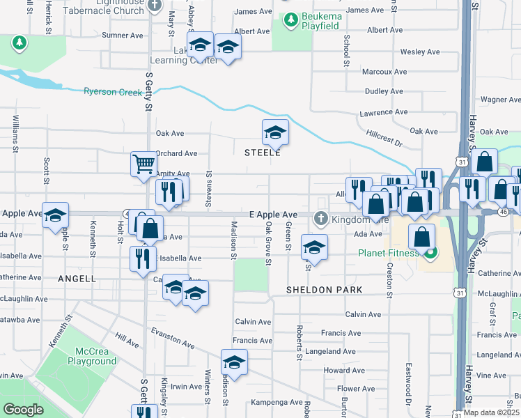map of restaurants, bars, coffee shops, grocery stores, and more near 1090 East Apple Avenue in Muskegon