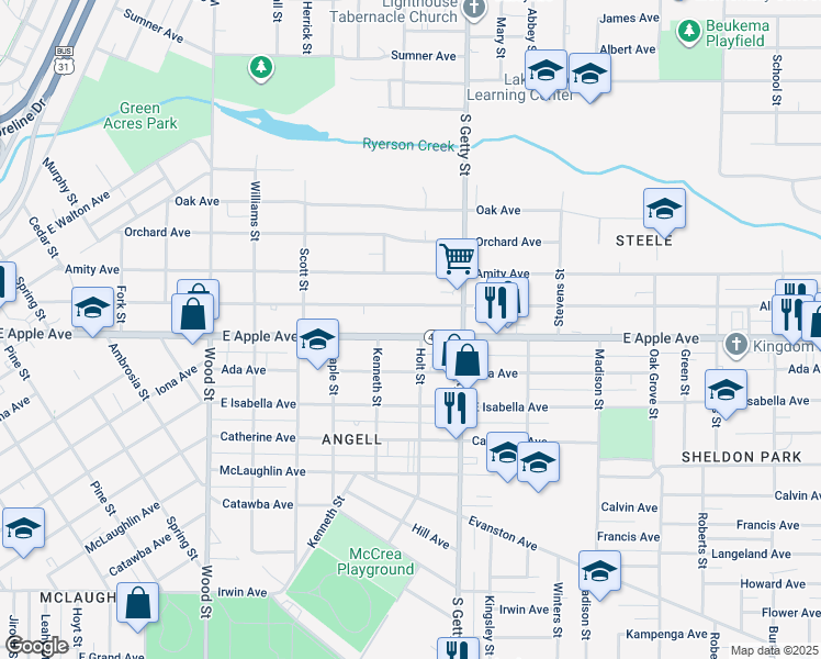 map of restaurants, bars, coffee shops, grocery stores, and more near 714 East Apple Avenue in Muskegon