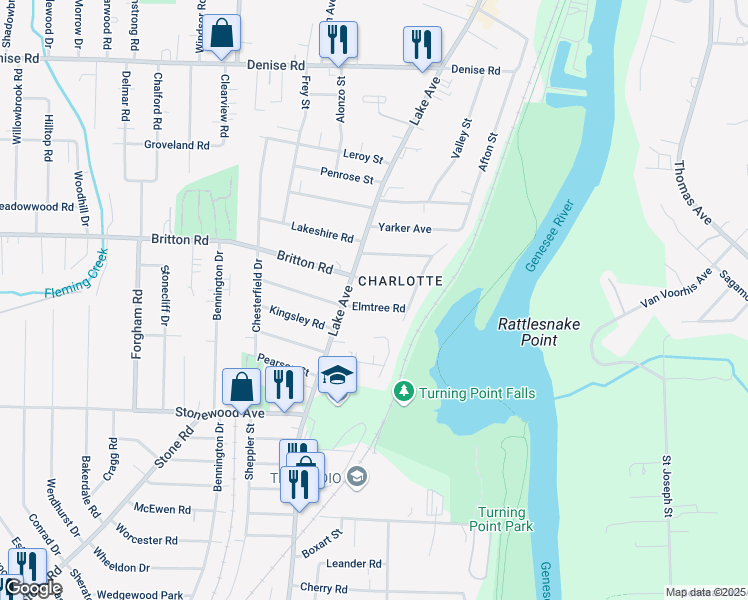 map of restaurants, bars, coffee shops, grocery stores, and more near 176 Elmtree Road in Rochester