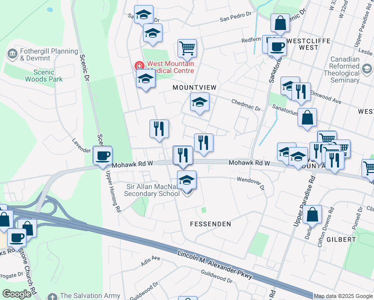 map of restaurants, bars, coffee shops, grocery stores, and more near 790 Mohawk Road West in Hamilton