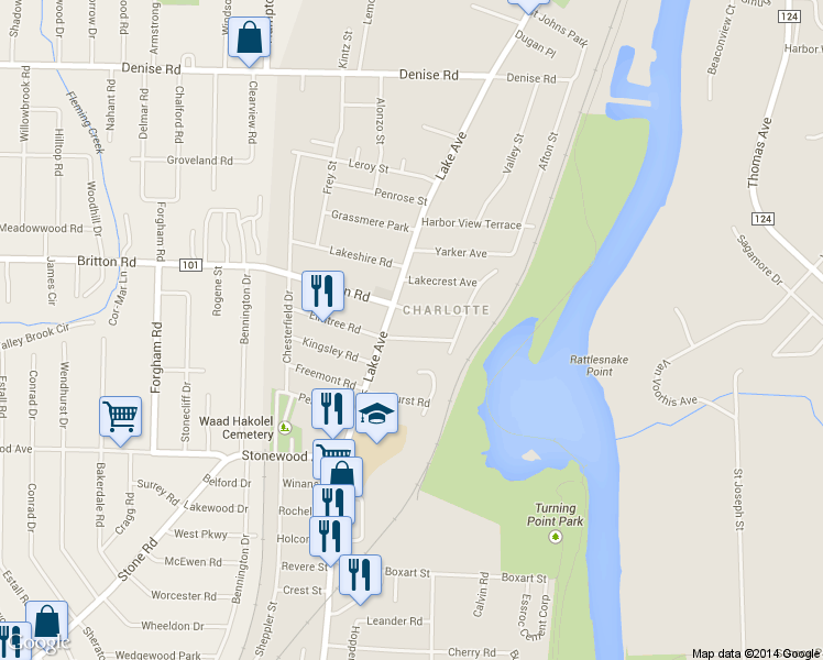 map of restaurants, bars, coffee shops, grocery stores, and more near 176 Elmtree Road in Rochester