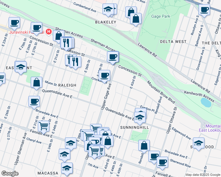 map of restaurants, bars, coffee shops, grocery stores, and more near 397 Upper Gage Avenue in Hamilton