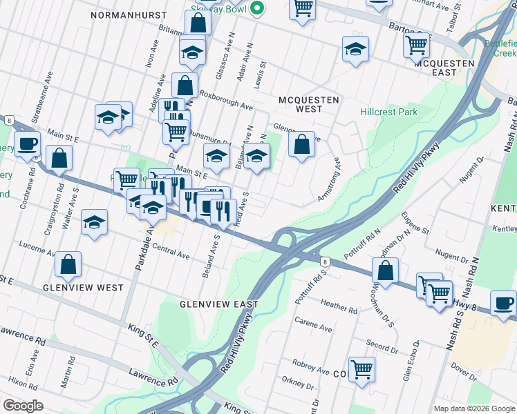 map of restaurants, bars, coffee shops, grocery stores, and more near 19 Roxanne Drive in Hamilton