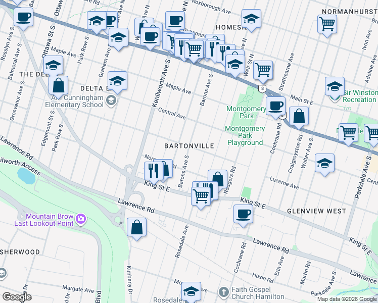 map of restaurants, bars, coffee shops, grocery stores, and more near 97 Cameron Avenue South in Hamilton