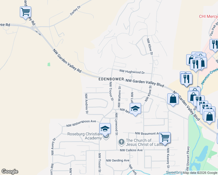map of restaurants, bars, coffee shops, grocery stores, and more near 2244 Northwest Troost Street in Roseburg