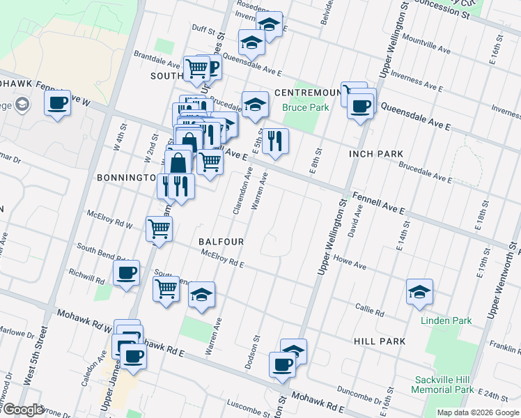map of restaurants, bars, coffee shops, grocery stores, and more near 37 Warren Avenue in Hamilton