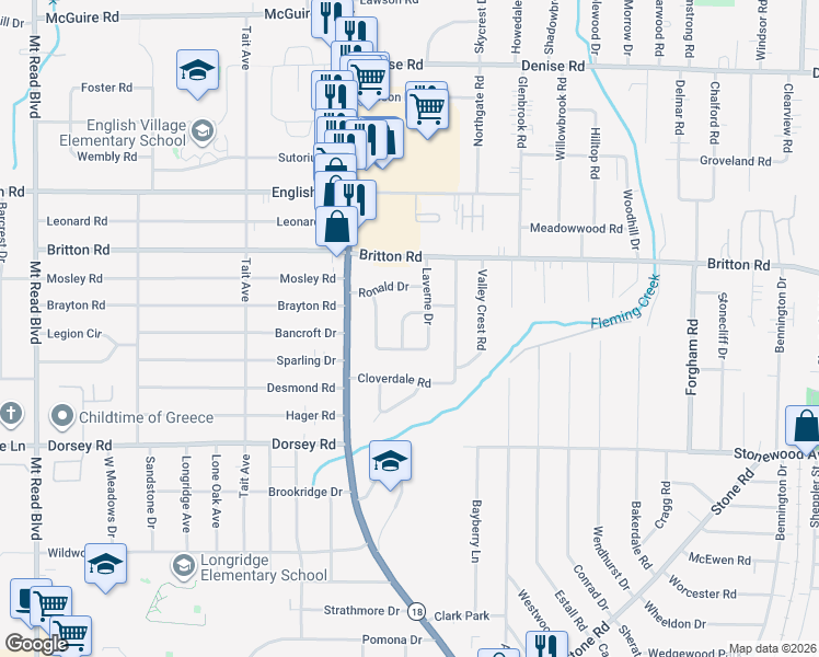 map of restaurants, bars, coffee shops, grocery stores, and more near 26 Linda Drive in Rochester