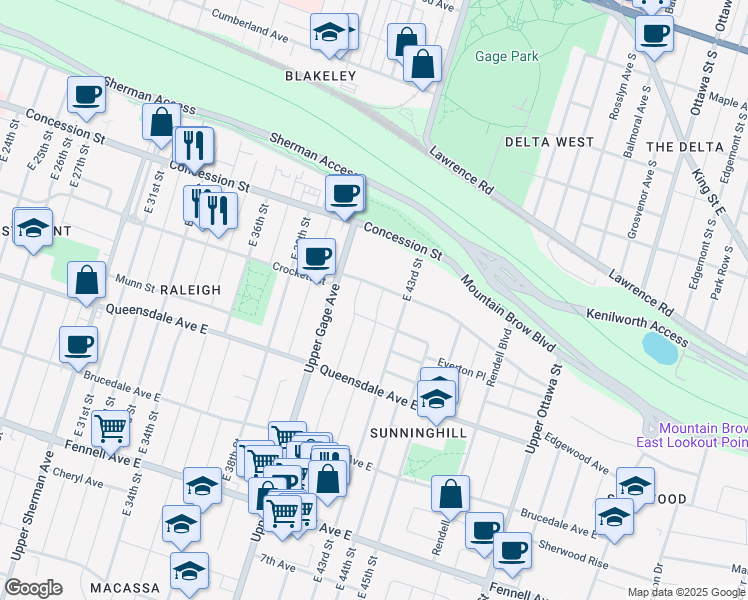 map of restaurants, bars, coffee shops, grocery stores, and more near 52 East 42nd Street in Hamilton