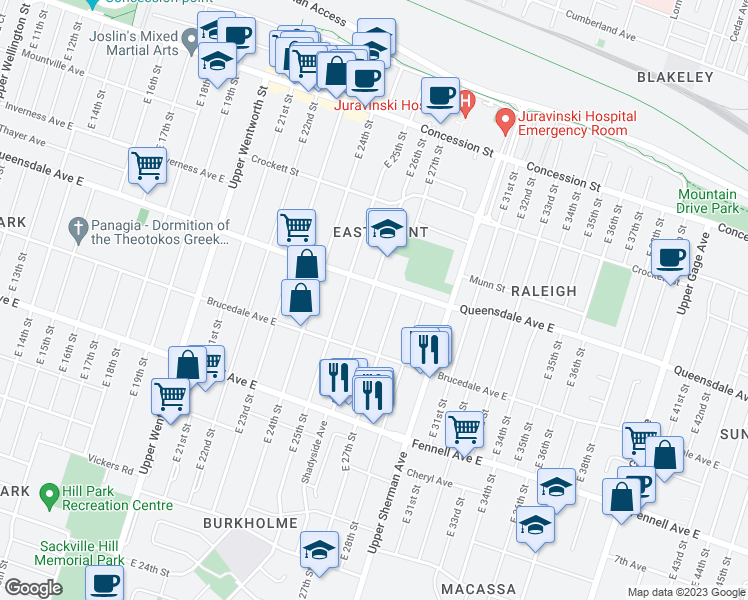 map of restaurants, bars, coffee shops, grocery stores, and more near 193 East 26th Street in Hamilton