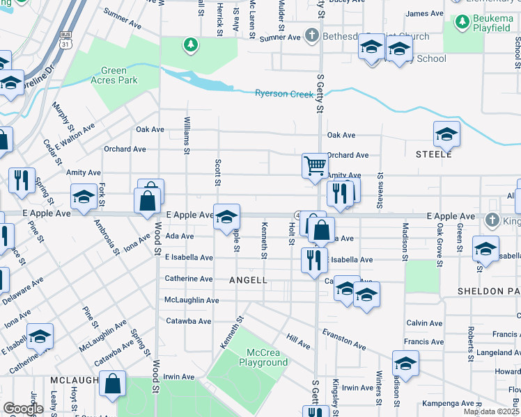 map of restaurants, bars, coffee shops, grocery stores, and more near 654 East Apple Avenue in Muskegon