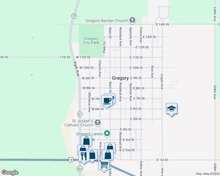map of restaurants, bars, coffee shops, grocery stores, and more near 100 West 8th Street in Gregory