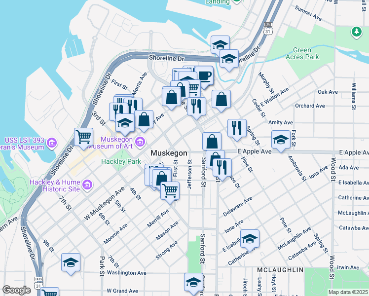 map of restaurants, bars, coffee shops, grocery stores, and more near 120 West Apple Avenue in Muskegon