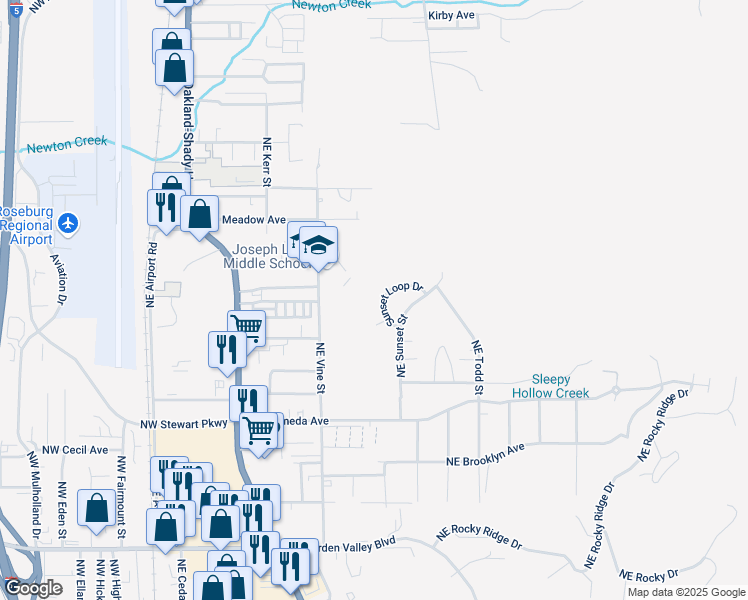 map of restaurants, bars, coffee shops, grocery stores, and more near 1924 Northeast Sunset Street in Roseburg