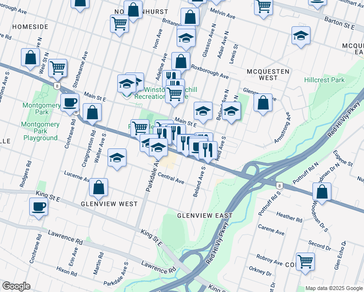 map of restaurants, bars, coffee shops, grocery stores, and more near 52 Adair Avenue South in Hamilton