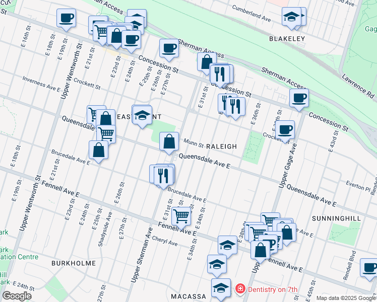 map of restaurants, bars, coffee shops, grocery stores, and more near 129 East 31st Street in Hamilton